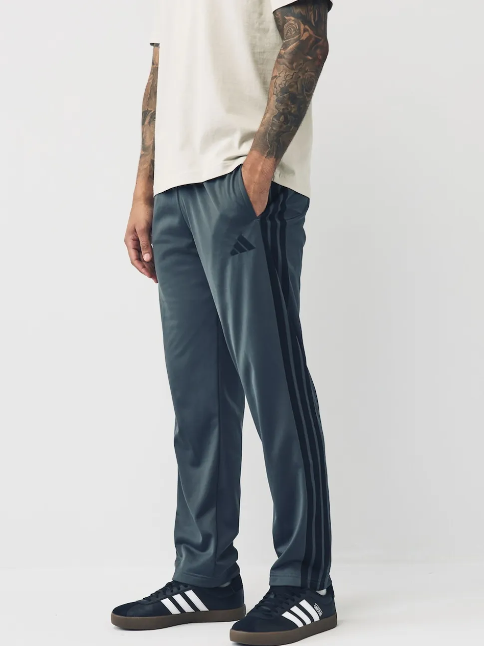 adidas Grey Regular Fit 3-Stripes Tricot Open Hem Track Joggers