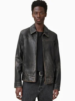 AllSaints Black Alkan Black Collared Zip Up Two Tone Leather Jacket