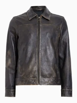 AllSaints Black Alkan Black Collared Zip Up Two Tone Leather Jacket