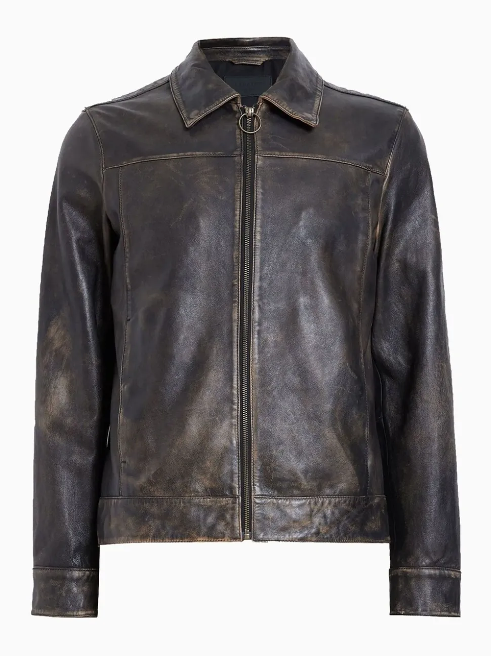 AllSaints Black Alkan Black Collared Zip Up Two Tone Leather Jacket