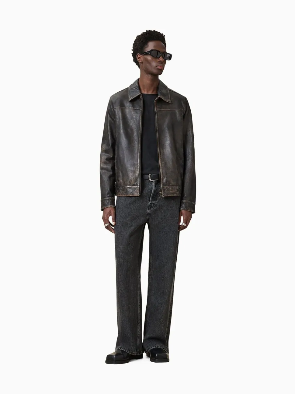 AllSaints Black Alkan Black Collared Zip Up Two Tone Leather Jacket