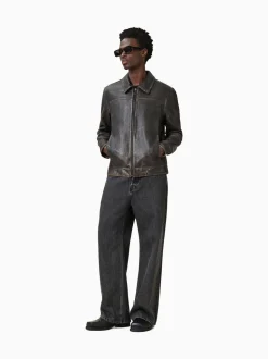 AllSaints Black Alkan Black Collared Zip Up Two Tone Leather Jacket