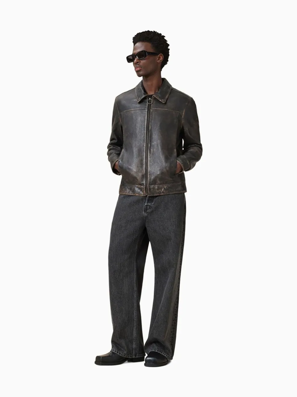 AllSaints Black Alkan Black Collared Zip Up Two Tone Leather Jacket