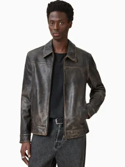 AllSaints Black Alkan Black Collared Zip Up Two Tone Leather Jacket