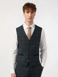 Antique Rogue Blue Dax Teal Herringbone Check Waistcoat