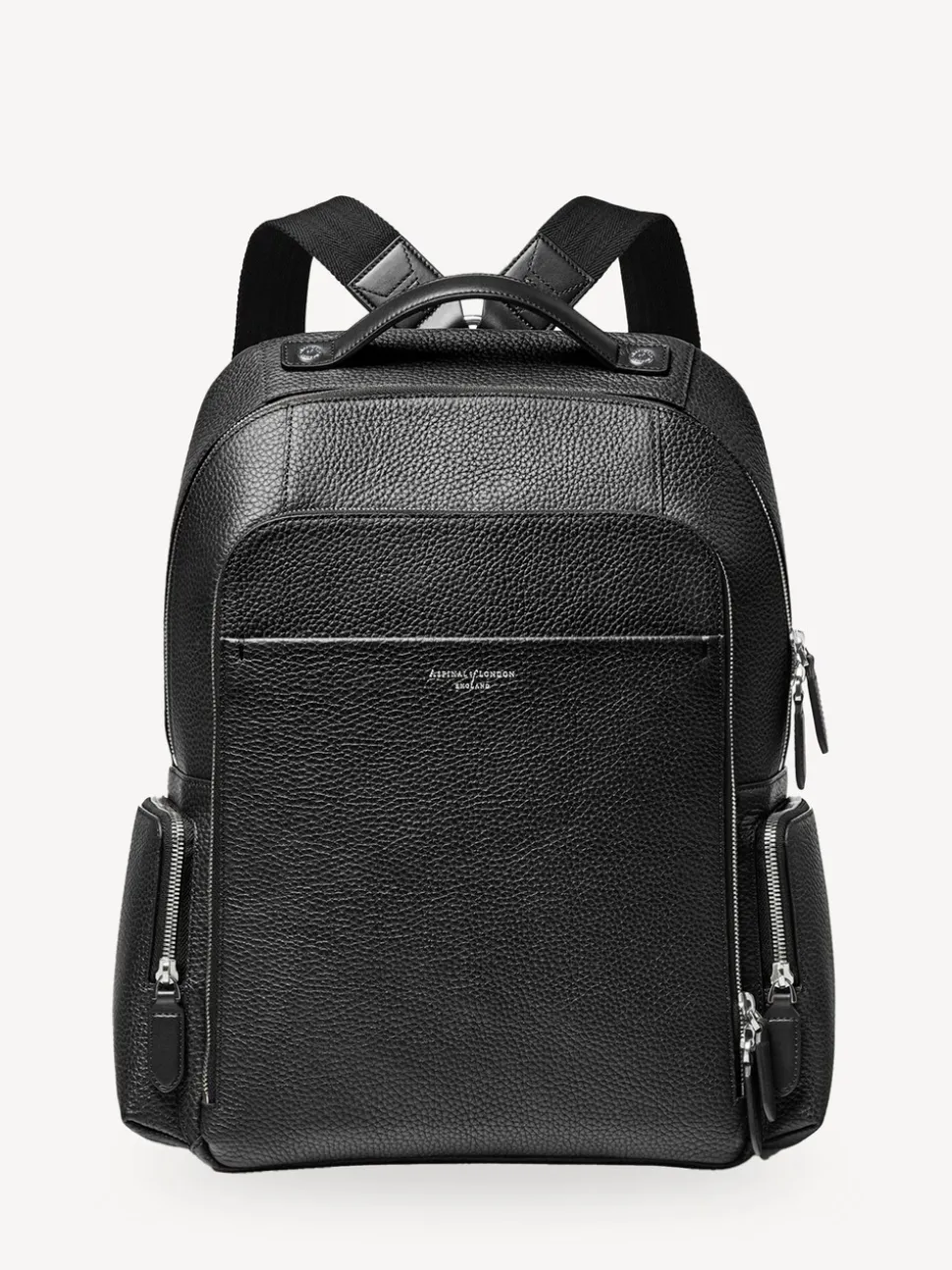 Aspinal of London Black Reporter Pebble Leather Zip Backpack