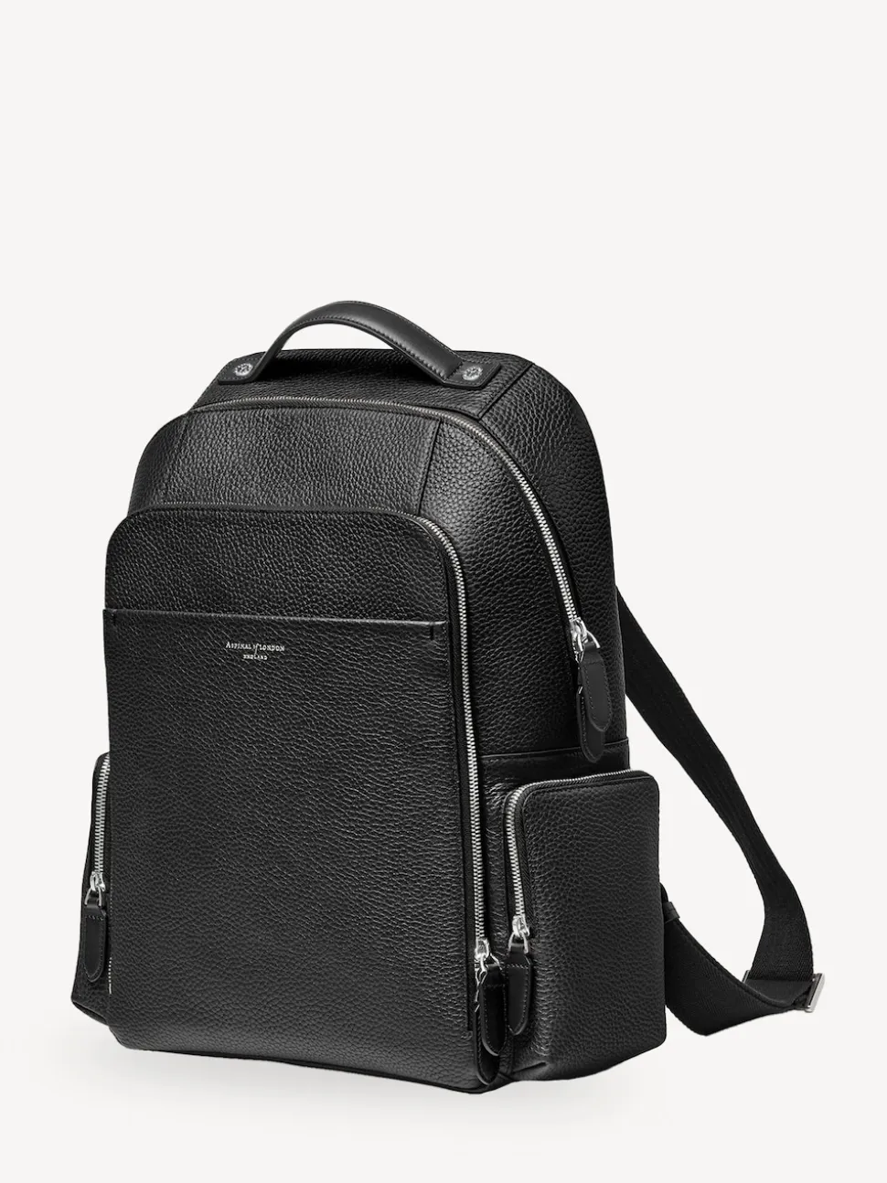 Aspinal of London Black Reporter Pebble Leather Zip Backpack
