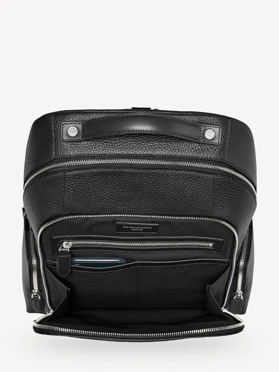 Aspinal of London Black Reporter Pebble Leather Zip Backpack