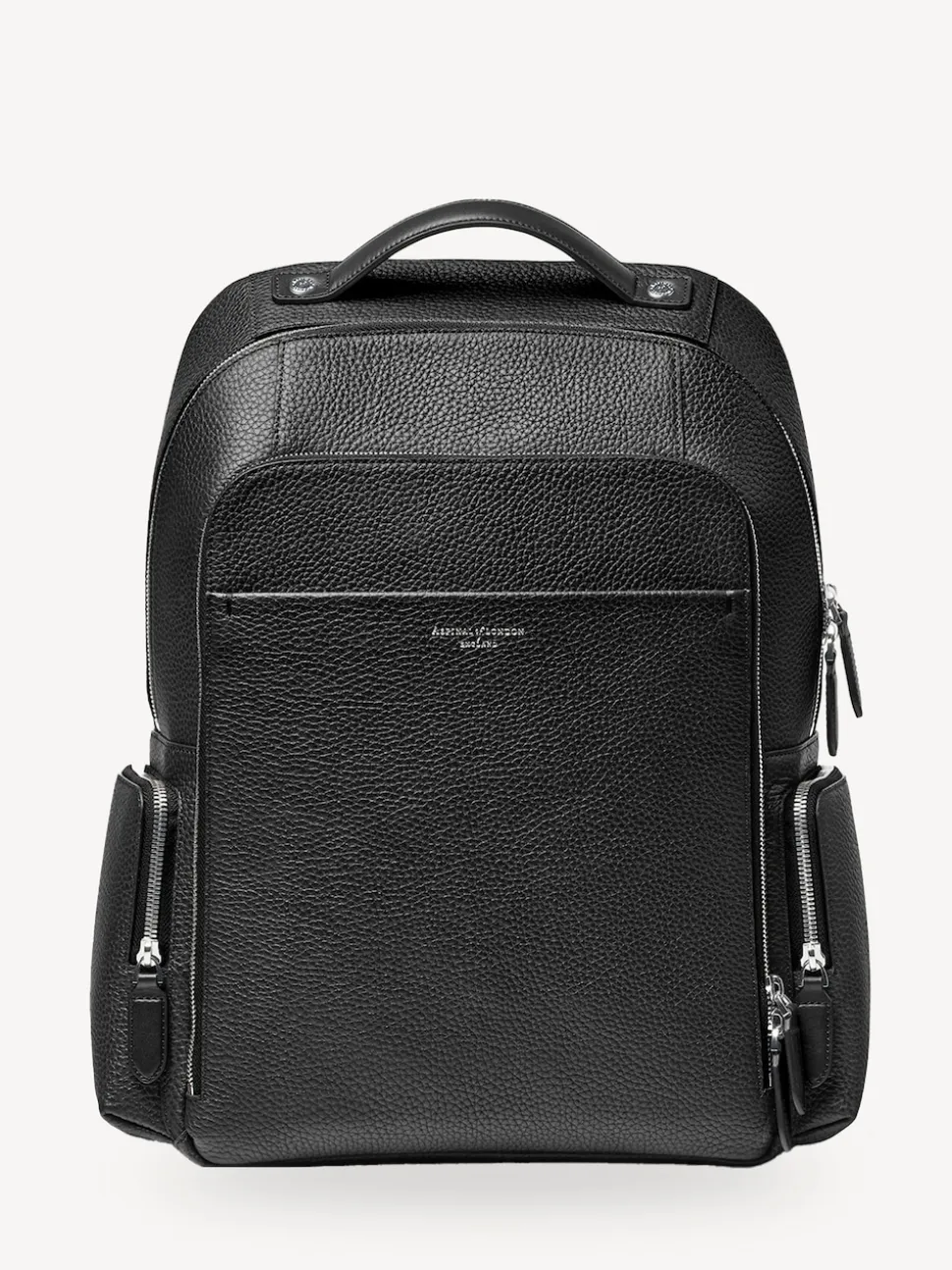 Aspinal of London Black Reporter Pebble Leather Zip Backpack