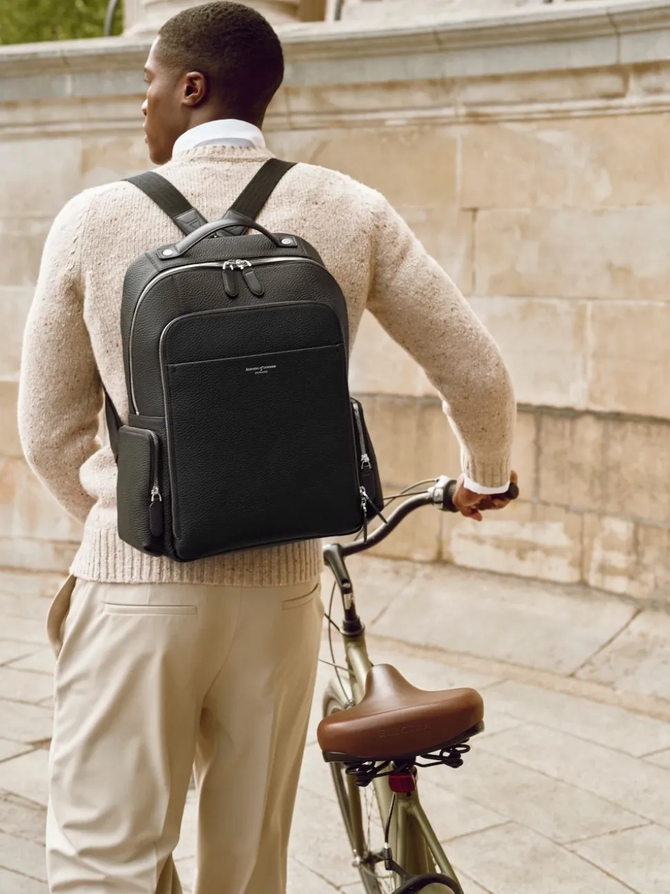 Aspinal of London Black Reporter Pebble Leather Zip Backpack