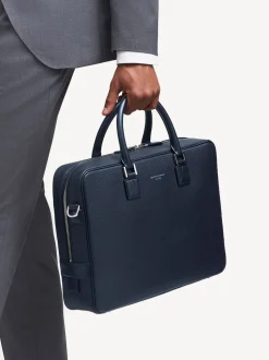Aspinal of London Blue Mount Street Laptop Pebble Leather Briefcase