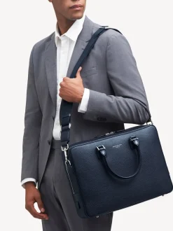 Aspinal of London Blue Mount Street Laptop Pebble Leather Briefcase
