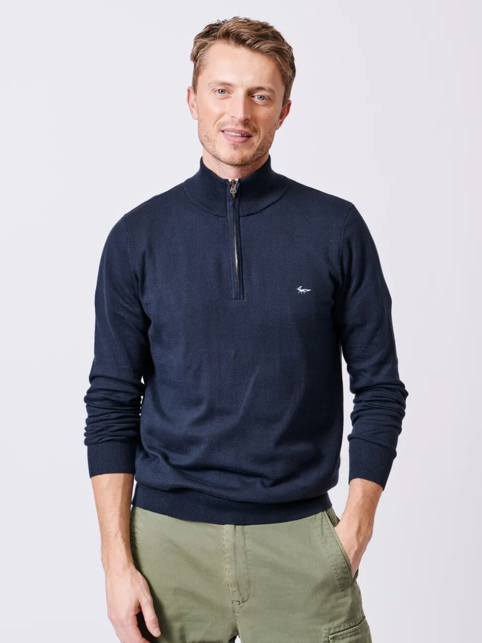 Aubin Blue Navy Daw Cotton Zip Neck 100% Cotton Jumper