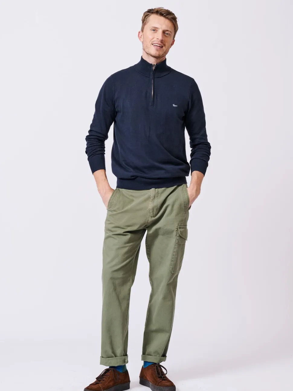 Aubin Blue Navy Daw Cotton Zip Neck 100% Cotton Jumper