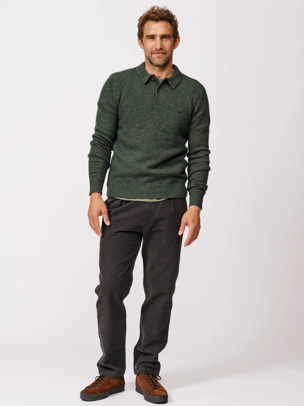 Aubin Green Shore Lambswool Long Sleeve Knitted Polo Shirt