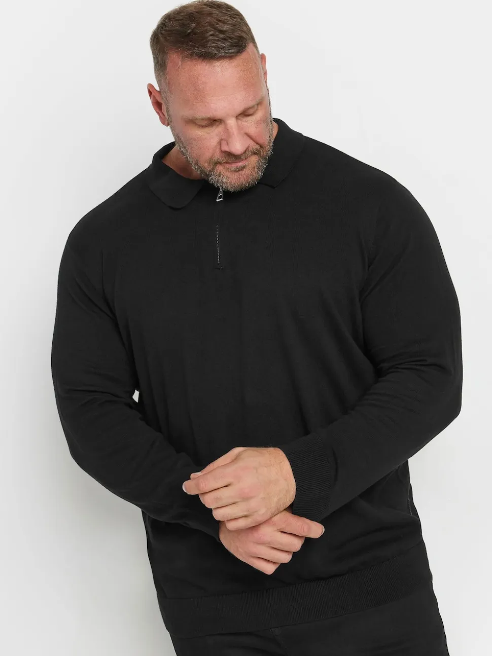 BadRhino Big & Tall Black Long Sleeve Knitted Zip Polo Shirt