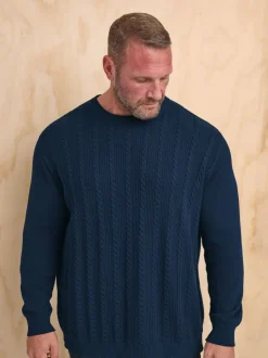BadRhino Big & Tall Blue 100% Cotton Cable Crew Neck Jumper
