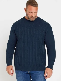 BadRhino Big & Tall Blue 100% Cotton Cable Crew Neck Jumper