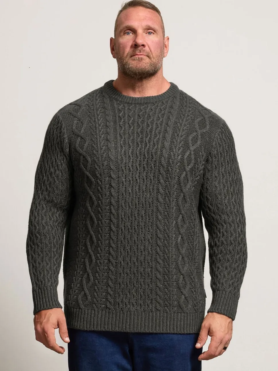 BadRhino Big & Tall Grey Crew Neck Cable Jumper