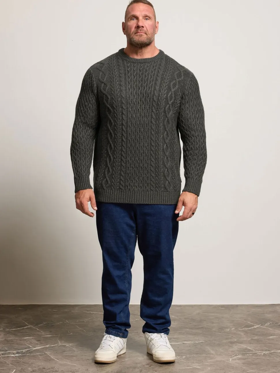 BadRhino Big & Tall Grey Crew Neck Cable Jumper