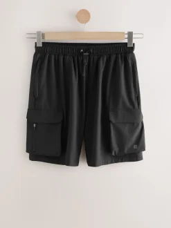 Black Active Cargo Gym Training Shorts