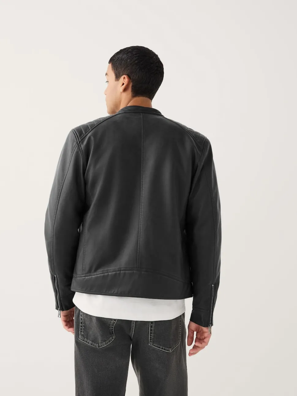 Black Borg Lined Faux Leather Biker Jacket