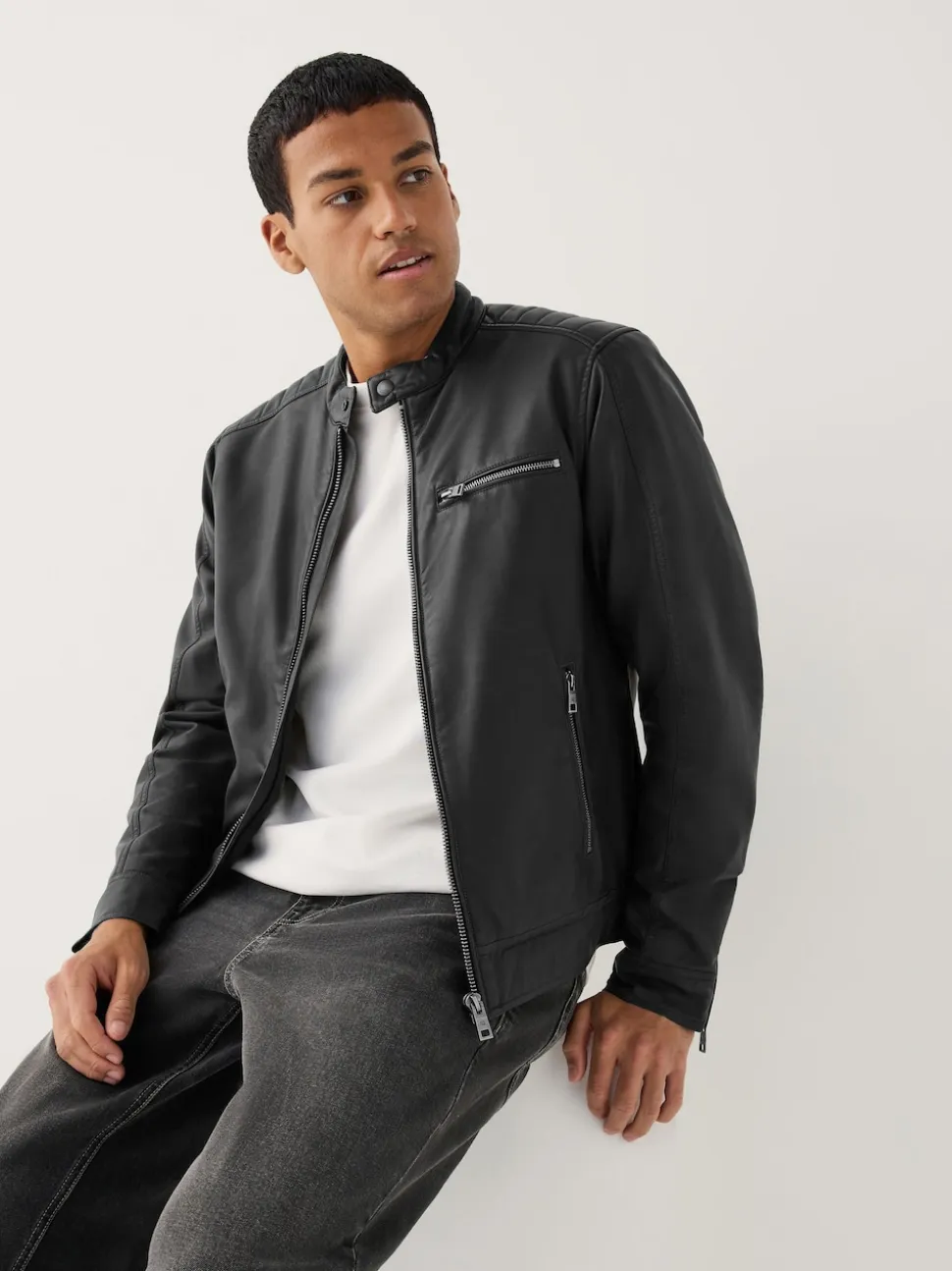 Black Borg Lined Faux Leather Biker Jacket