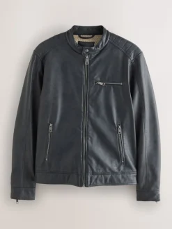 Black Borg Lined Faux Leather Biker Jacket