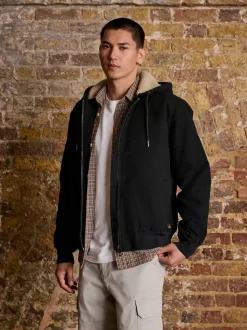 Black Canvas Borg Lined Hooded Jacket