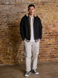 Black Canvas Borg Lined Hooded Jacket