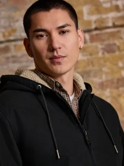 Black Canvas Borg Lined Hooded Jacket
