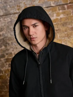 Black Canvas Borg Lined Hooded Jacket