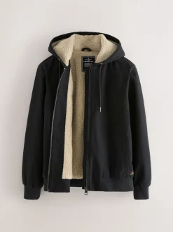 Black Canvas Borg Lined Hooded Jacket