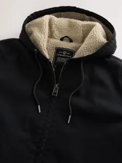 Black Canvas Borg Lined Hooded Jacket