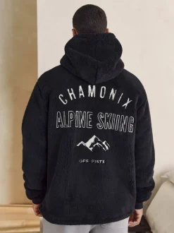 Black Chamonix Pattern Borg Overhead Hoodie