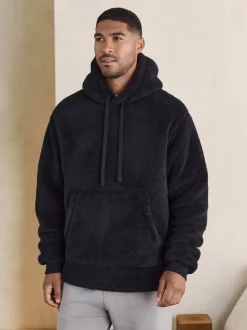Black Chamonix Pattern Borg Overhead Hoodie