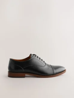 Black Contrast Sole Leather Oxford Toecap Shoes
