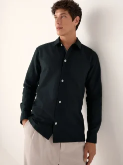 Black Cotton Linen Blend Long Sleeve Shirt