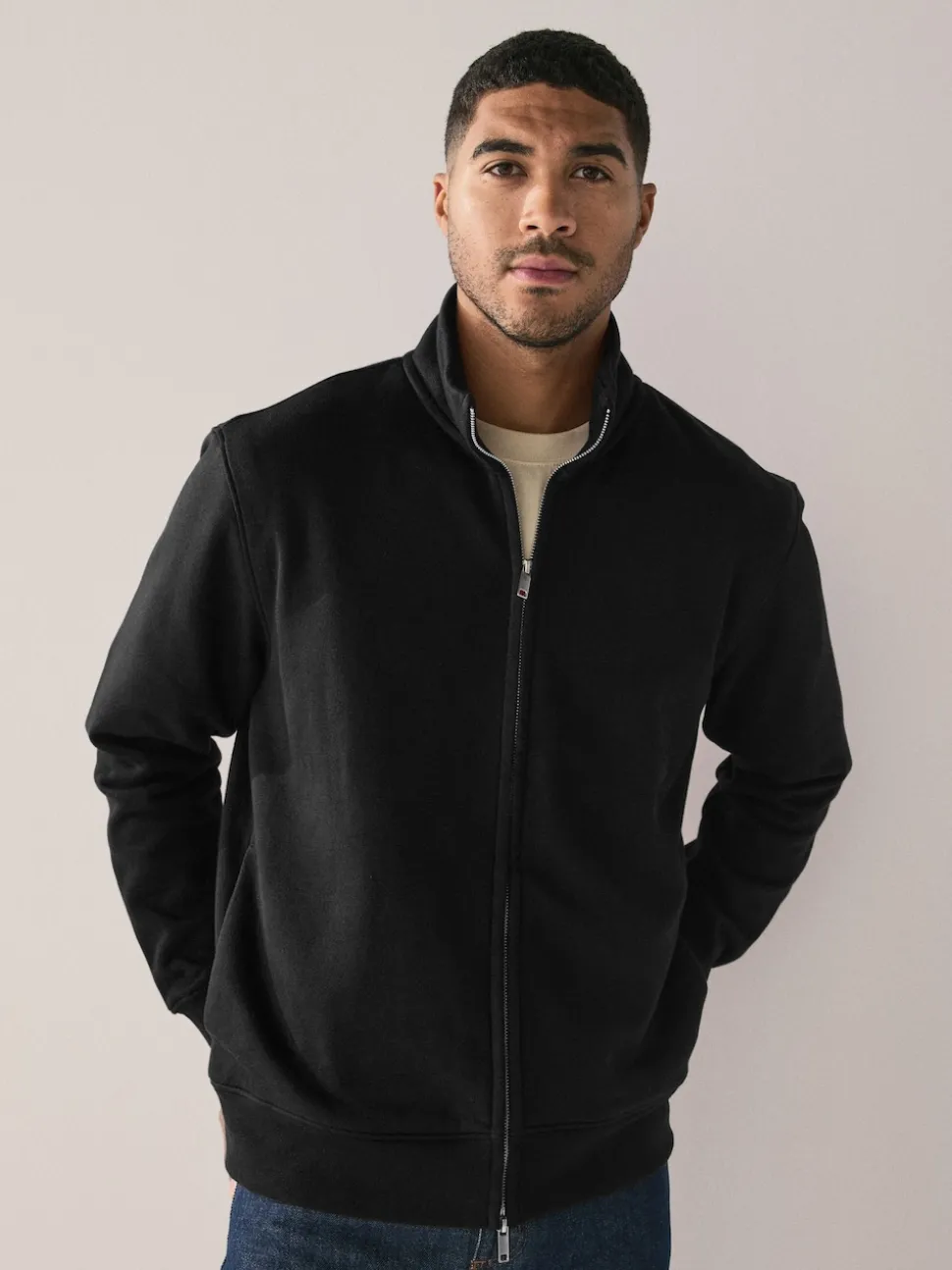 Black Cotton Rich Jersey Full Zip Funnel Neck Sweatshirt