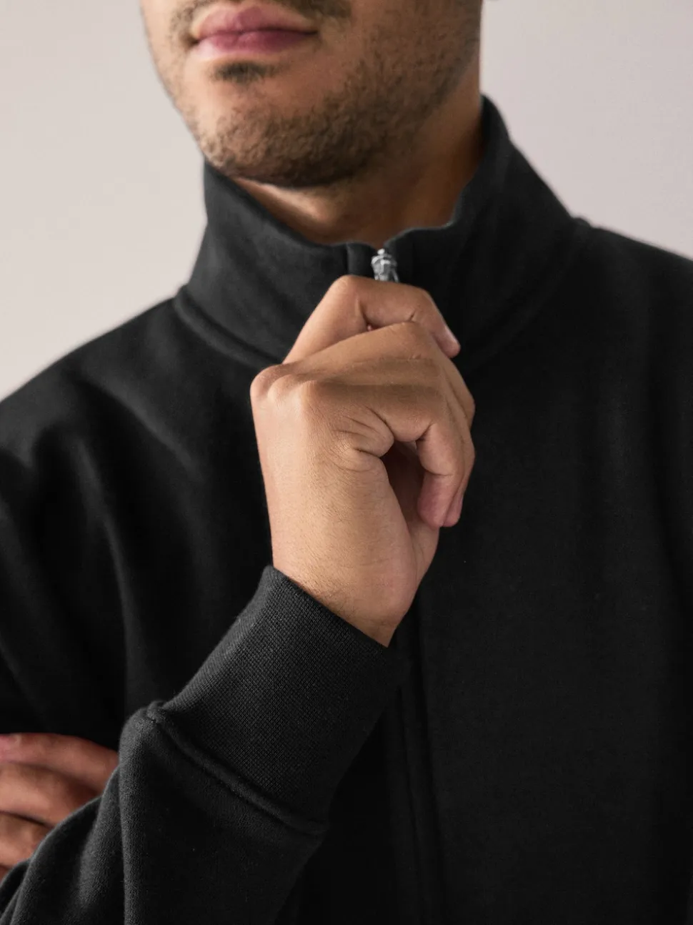 Black Cotton Rich Jersey Full Zip Funnel Neck Sweatshirt