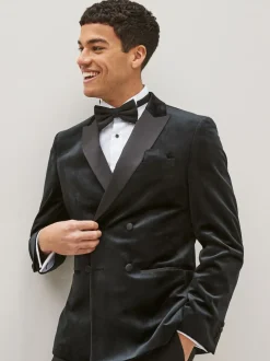 Black Double Breasted Slim Fit Velvet Blazer