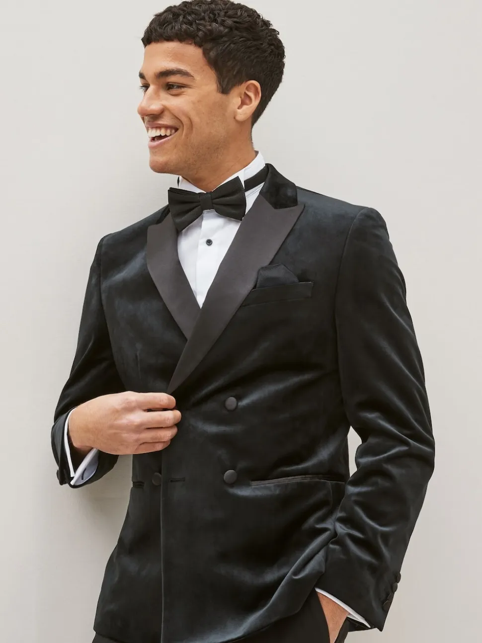 Black Double Breasted Slim Fit Velvet Blazer