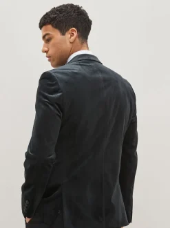 Black Double Breasted Slim Fit Velvet Blazer