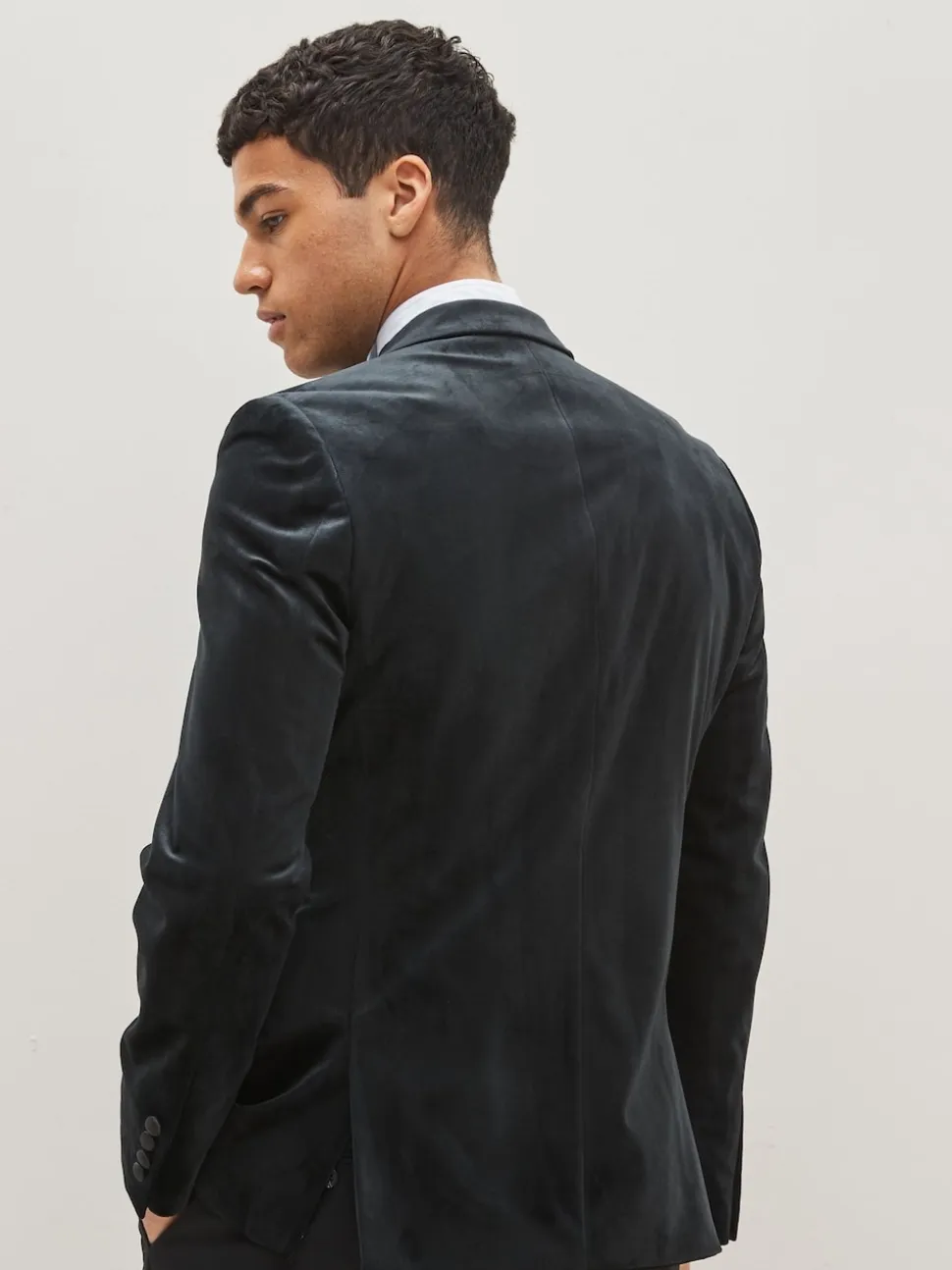 Black Double Breasted Slim Fit Velvet Blazer