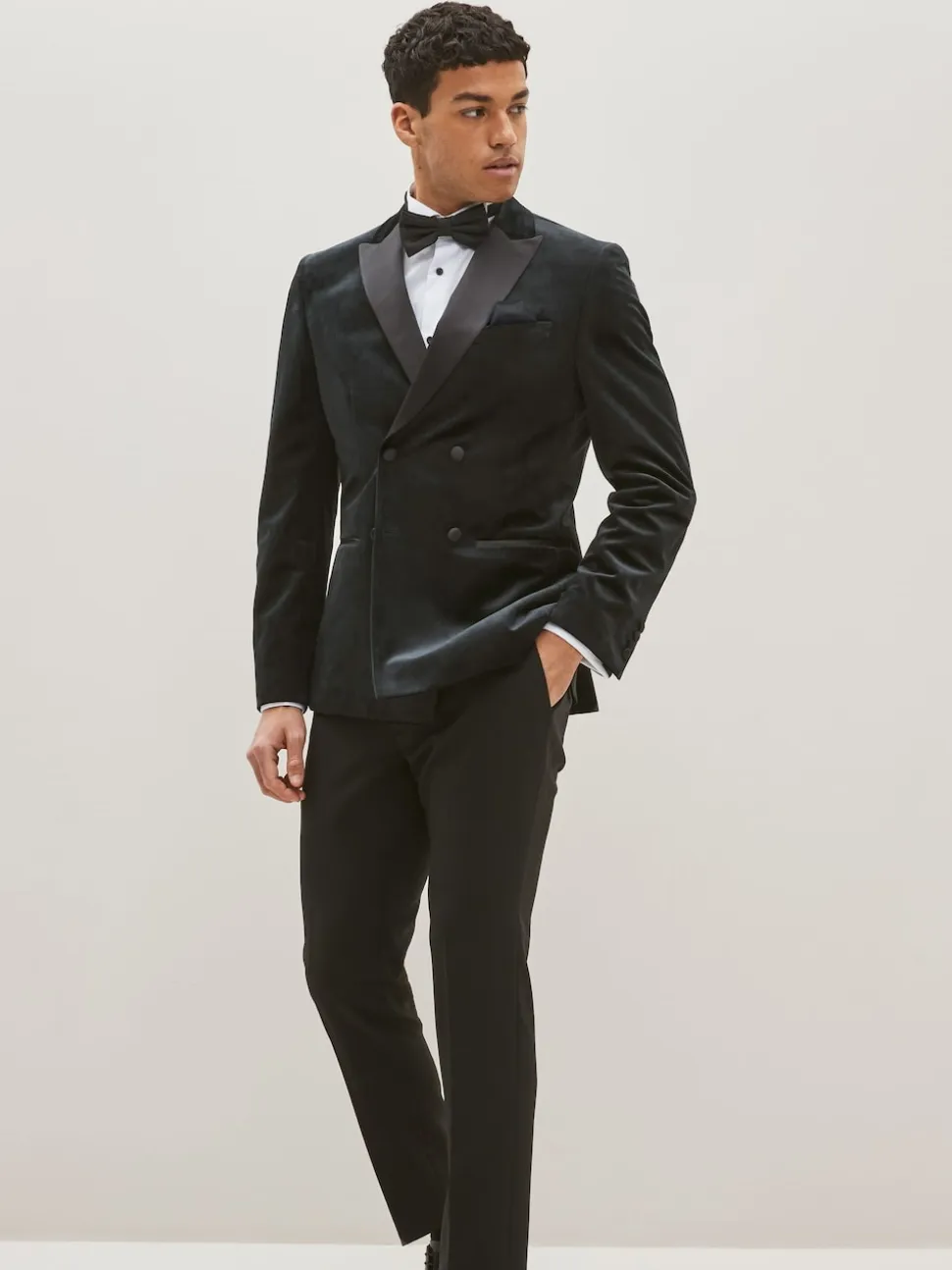 Black Double Breasted Slim Fit Velvet Blazer