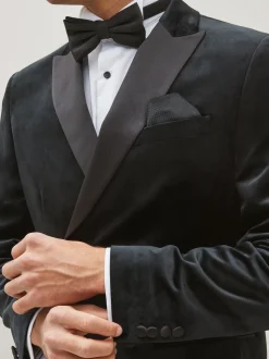 Black Double Breasted Slim Fit Velvet Blazer