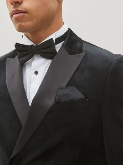 Black Double Breasted Slim Fit Velvet Blazer