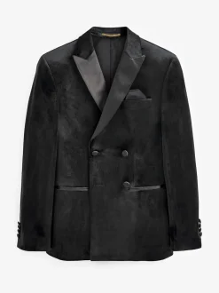 Black Double Breasted Slim Fit Velvet Blazer