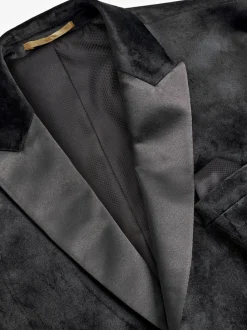 Black Double Breasted Slim Fit Velvet Blazer