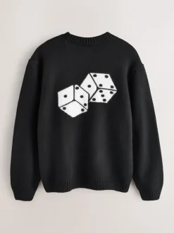 Black EDIT Knitted Graphic Crew Neck Jumper